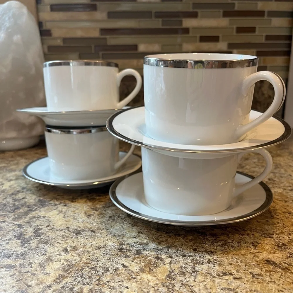 Pier 1 Monno Bangladesh Elegant White and Silver Tea Cups and Saucers Set of 4